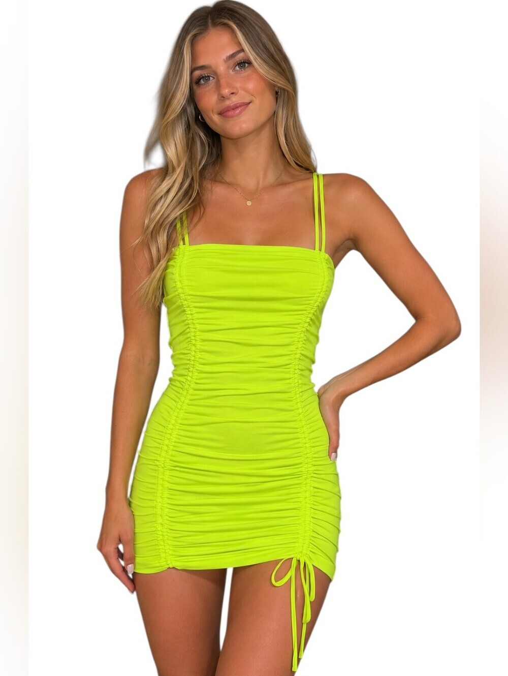 NWT Oh Polly Sweet Little Ties Neon Yellow Ruched Bodycon Mini Dress US 6